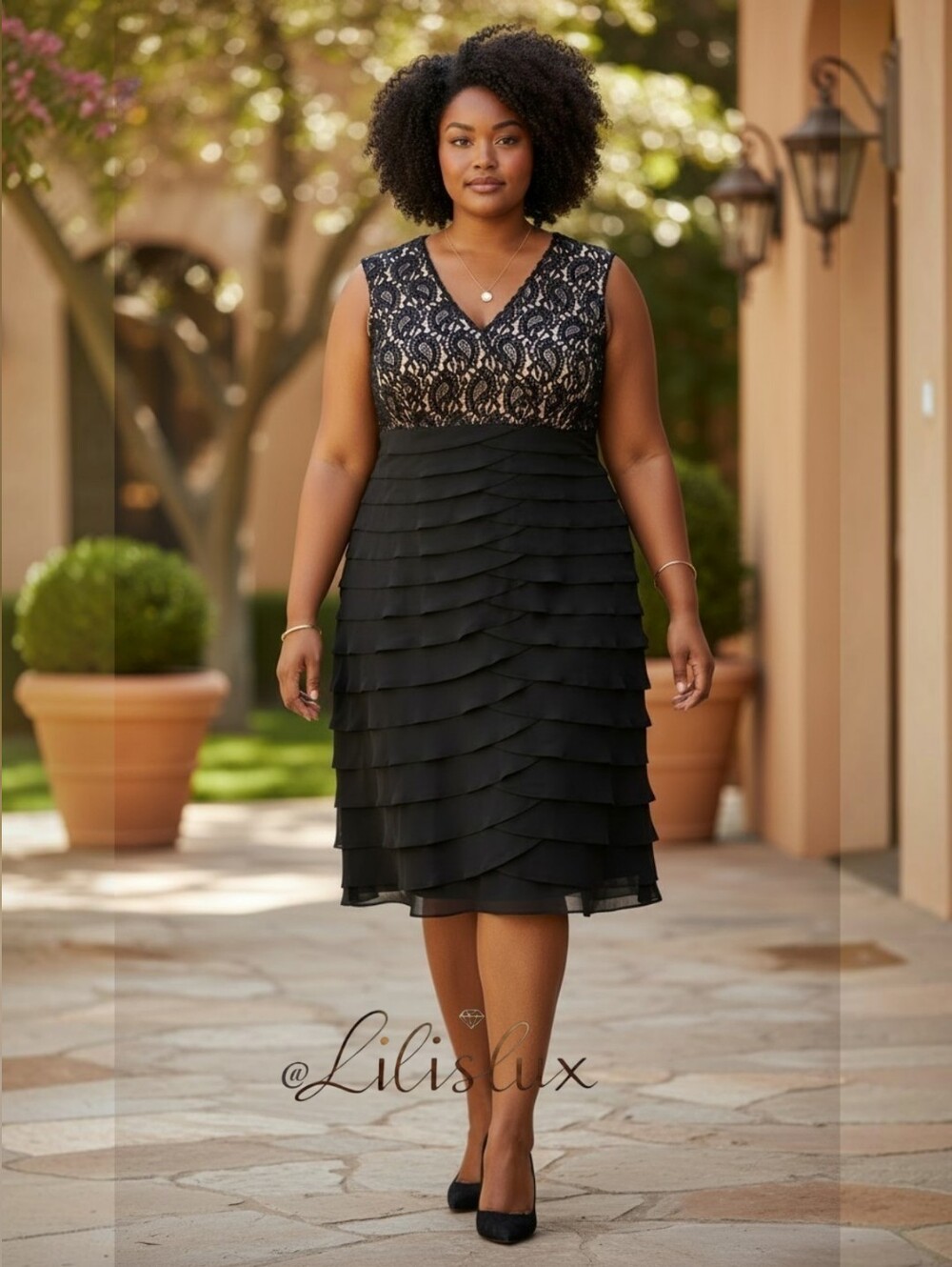 Kim Rogers Sleeveless V-Neck Lace And Ruffle Black Cocktail Dress Size 18W NWOT